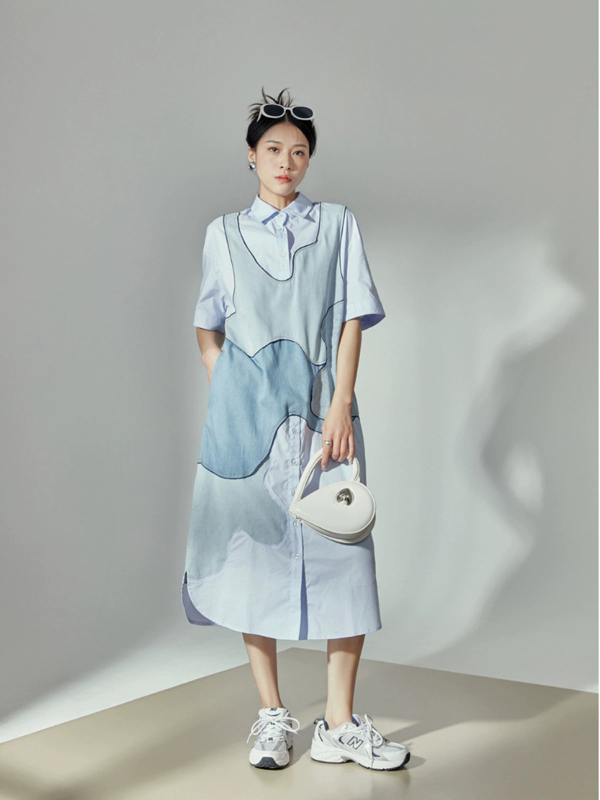 French Blue Patchwork Shirt Dress LLA0114