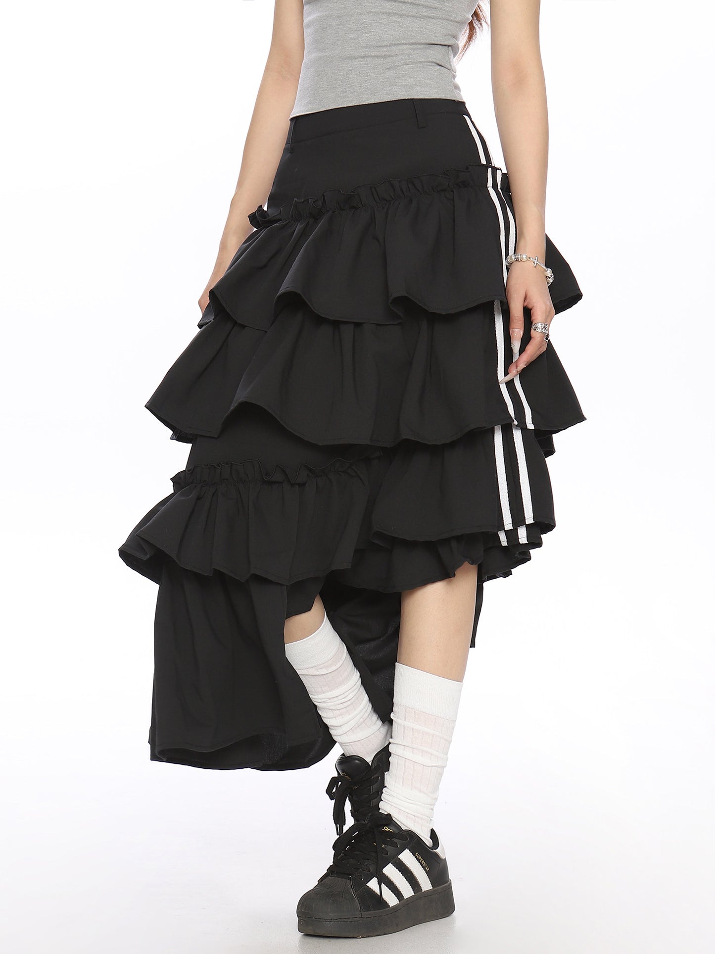 Asymmetry Side Line Tiered Long Skirt BGS0043