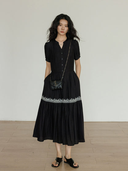 V-Neck Short Sleeved Black Dress VAS0095