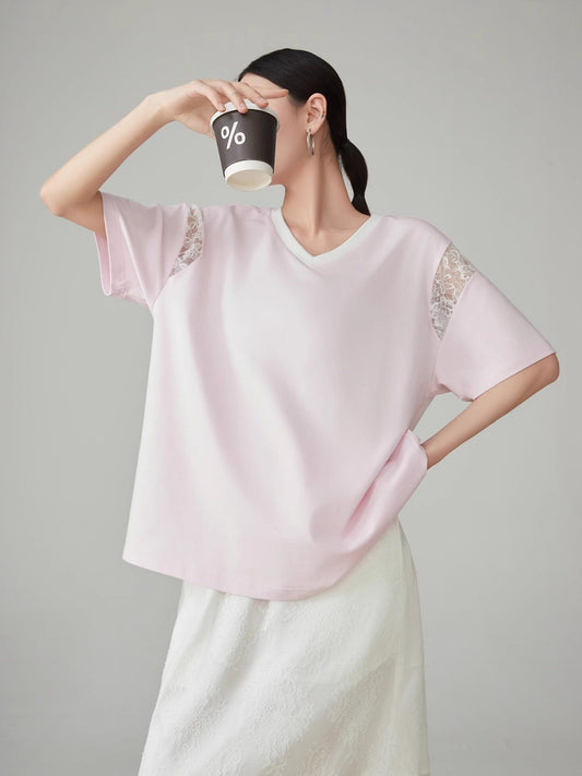 V-Neck Lace Splice Short Sleeve Top FER0158