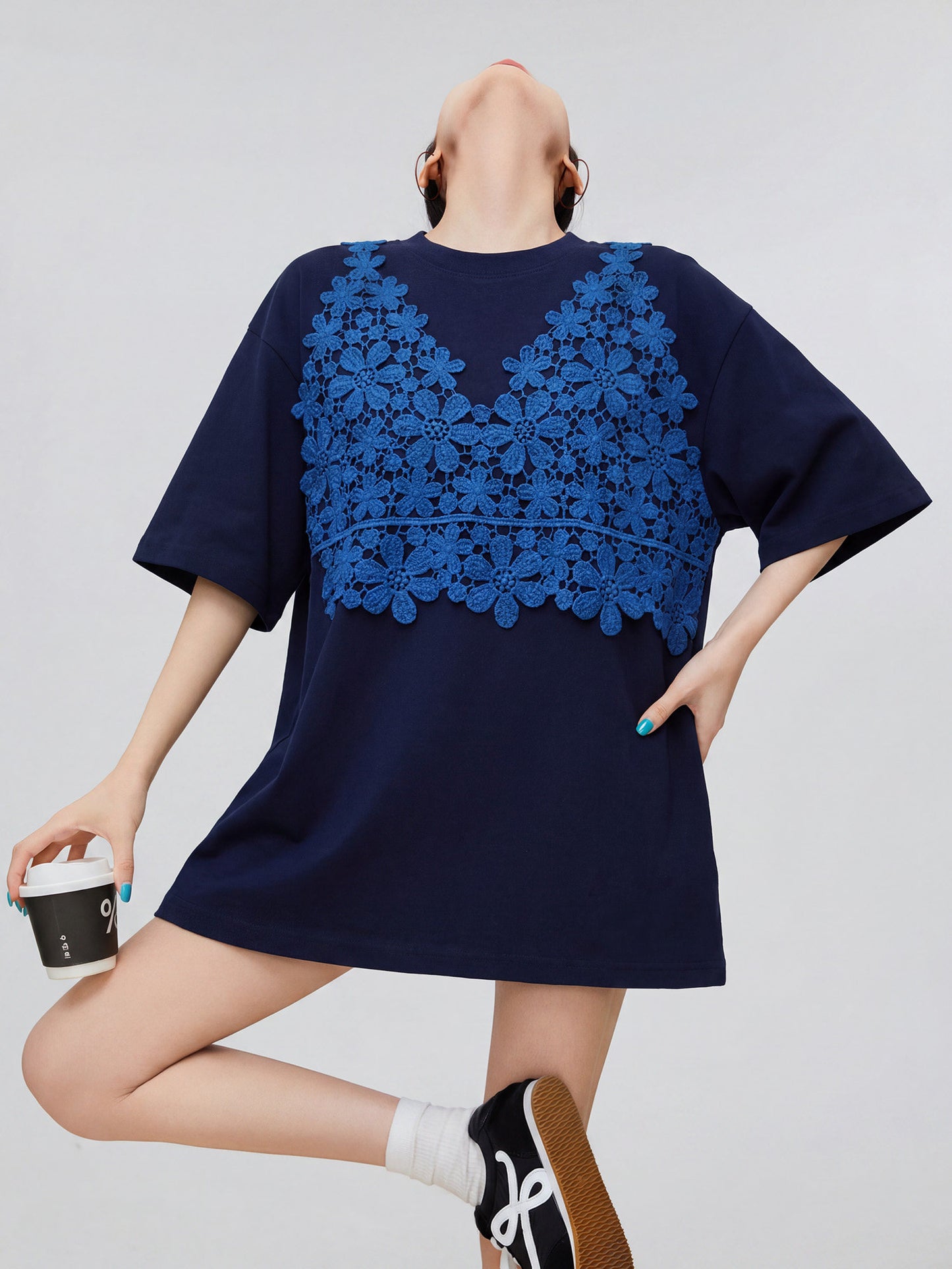 Flower Lace Docking Short-Sleeve T-Shirt FER0325
