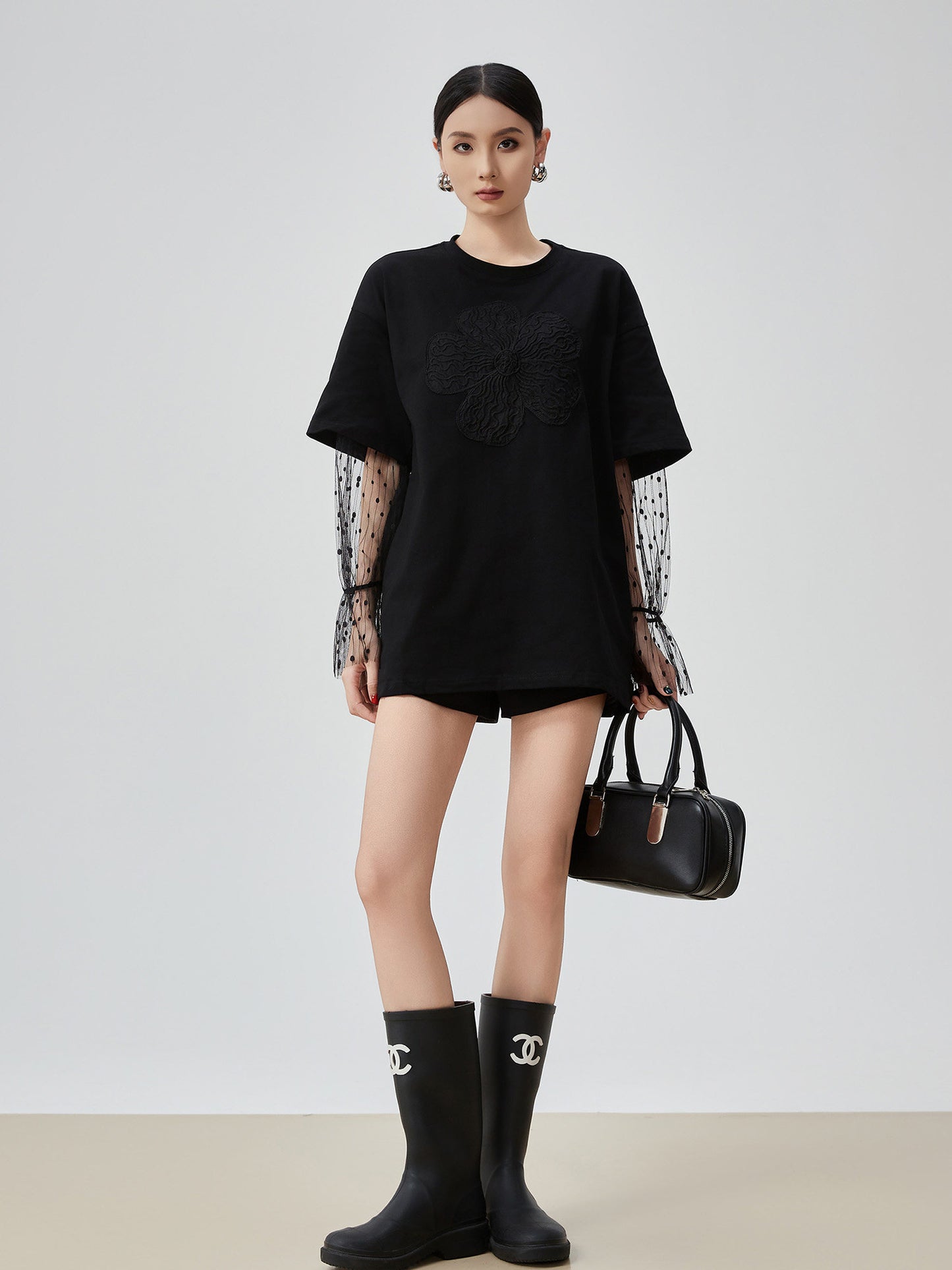 Lace Sleeve Round Neck T-Shirt FER0082