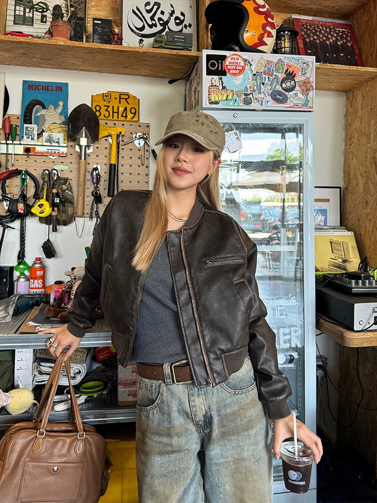 Vintage Cropped Leather Jacket CYE0005