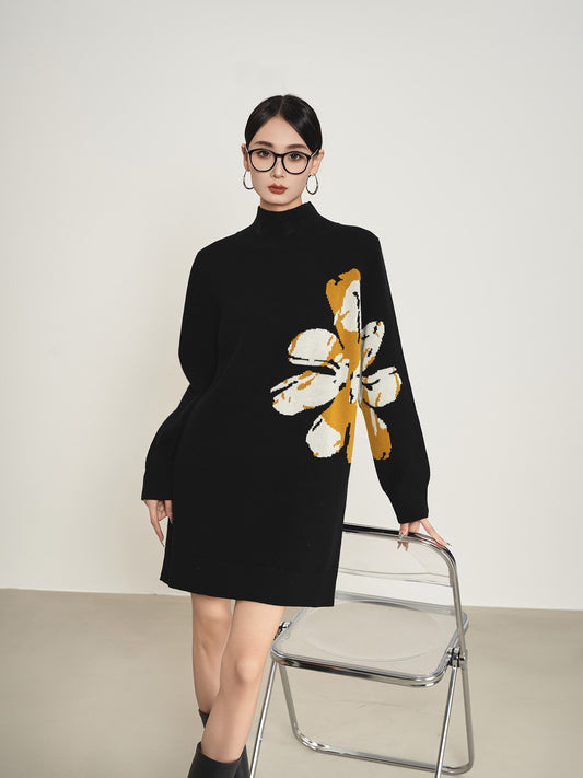 Big Flower Print Mock Neck Dress SUY0033