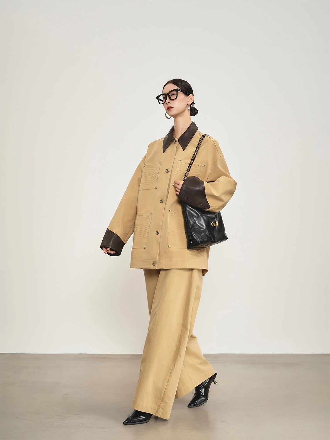 Leather Collar Pocket Shirt / Wide Pants SUY0016