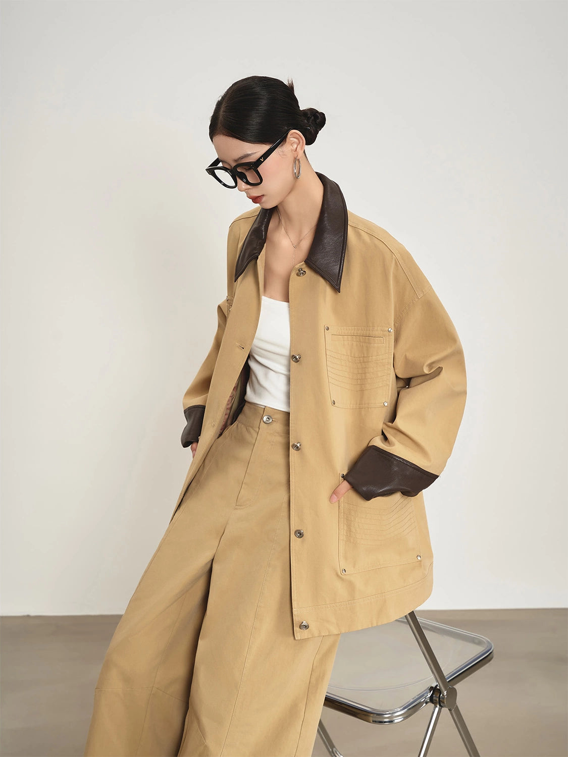 Leather Collar Pocket Shirt / Wide Pants SUY0016