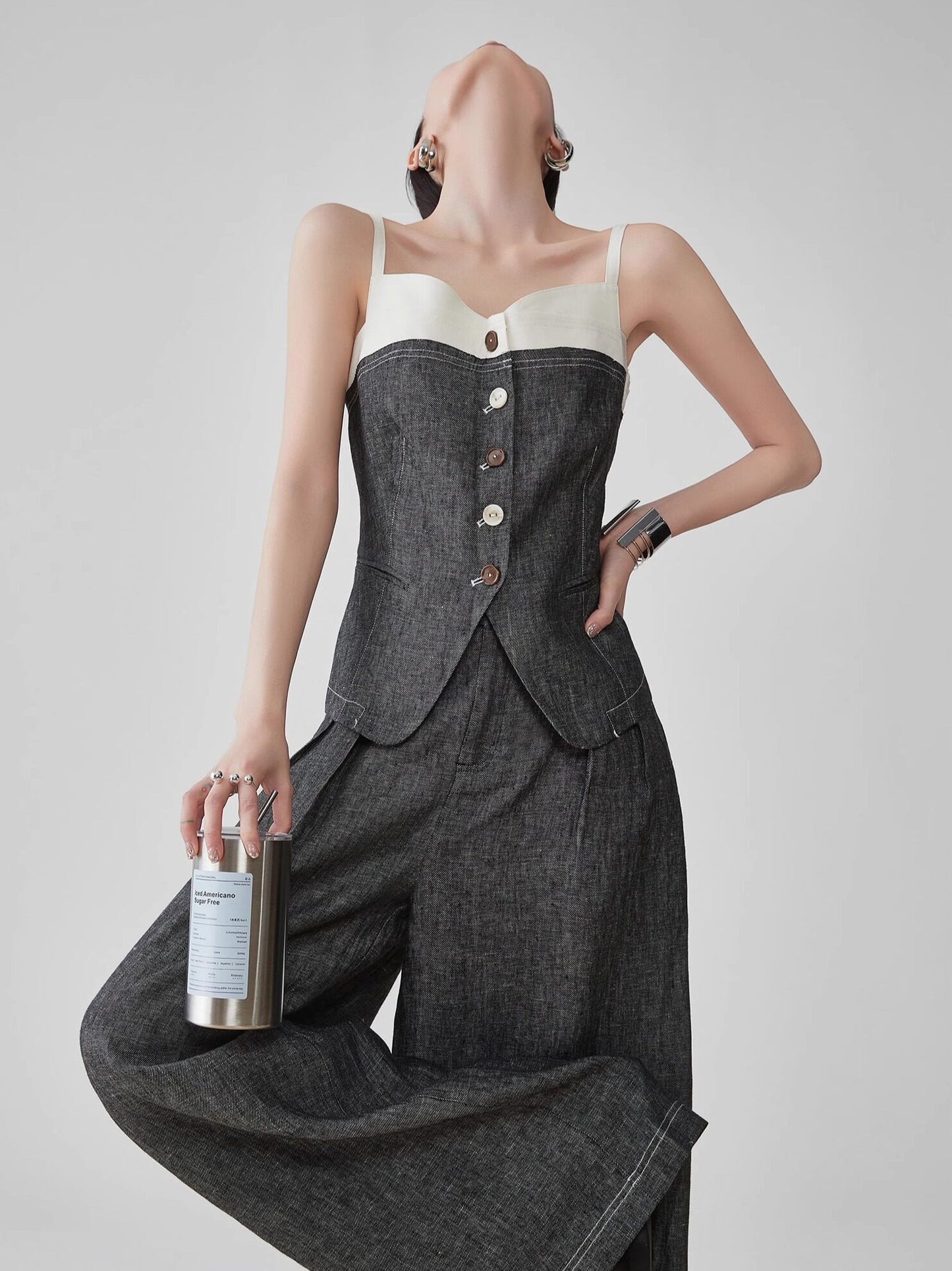 Front Button Bicolor Bustier / Wide Long Pants FER0272
