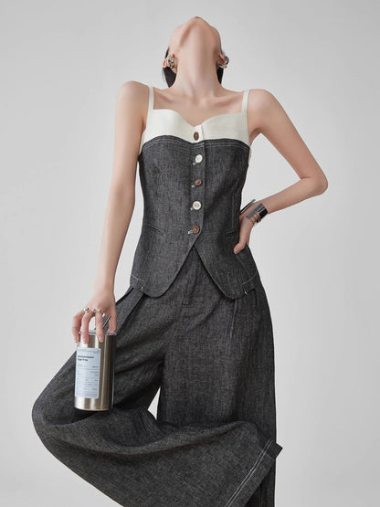 Front Button Bicolor Bustier / Wide Long Pants FER0272