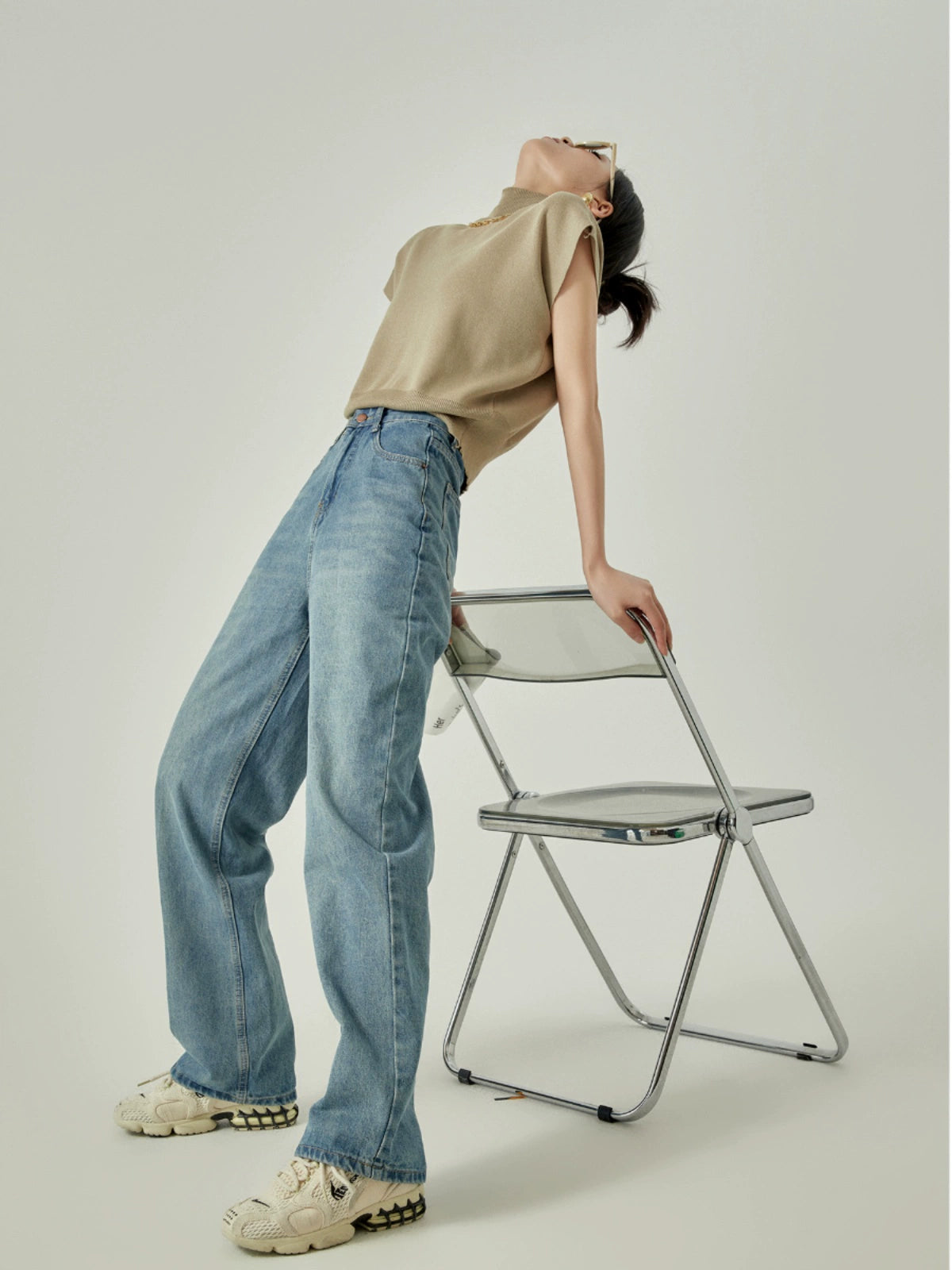 Short Sleeve High Neck Knit Sew / Denim Pants LLA0086