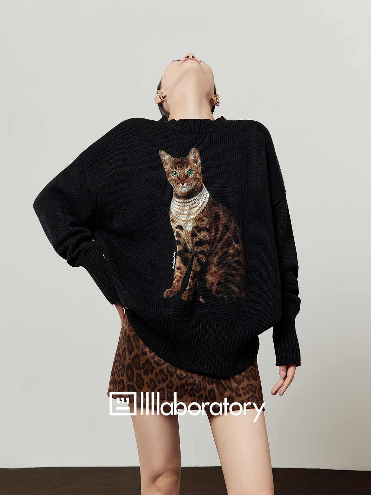 Cat Print Knit Top/Leopard Print Mini Skirt LLA0623