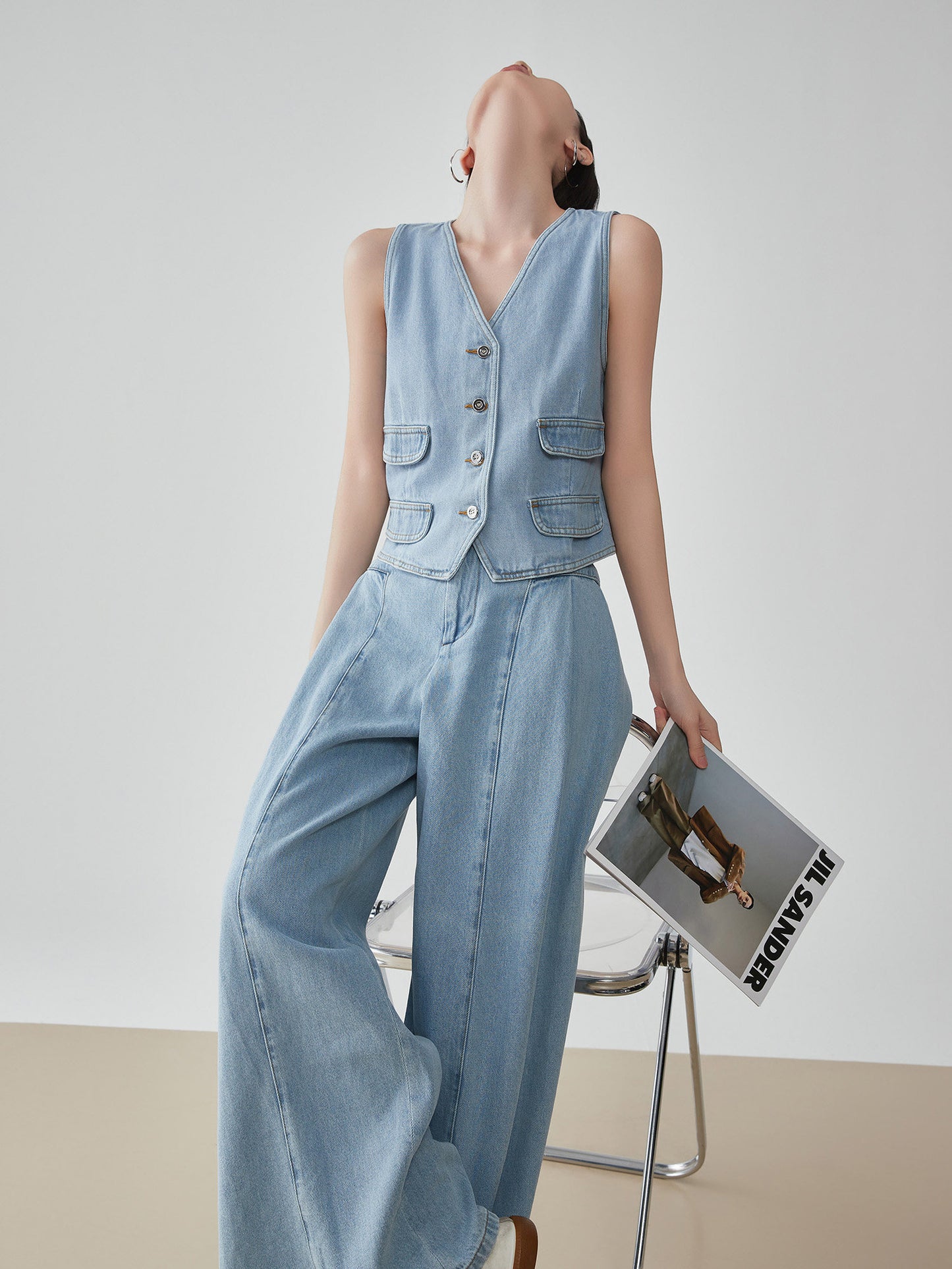 Denim V-neck Vest / Denim Wide Relaxed Pants FER0269