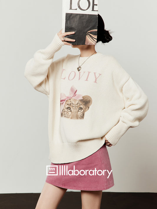 Tiger Loose Knit Top / Pink Mini Skirt LLA0617