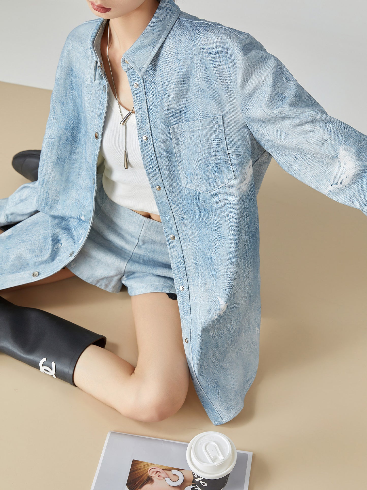 Denim Long-Sleeve Shirt / High-Waisted Shorts FER0076