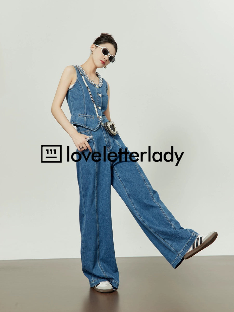 Pearl Denim Vest / Denim Wide Pants LLA0220