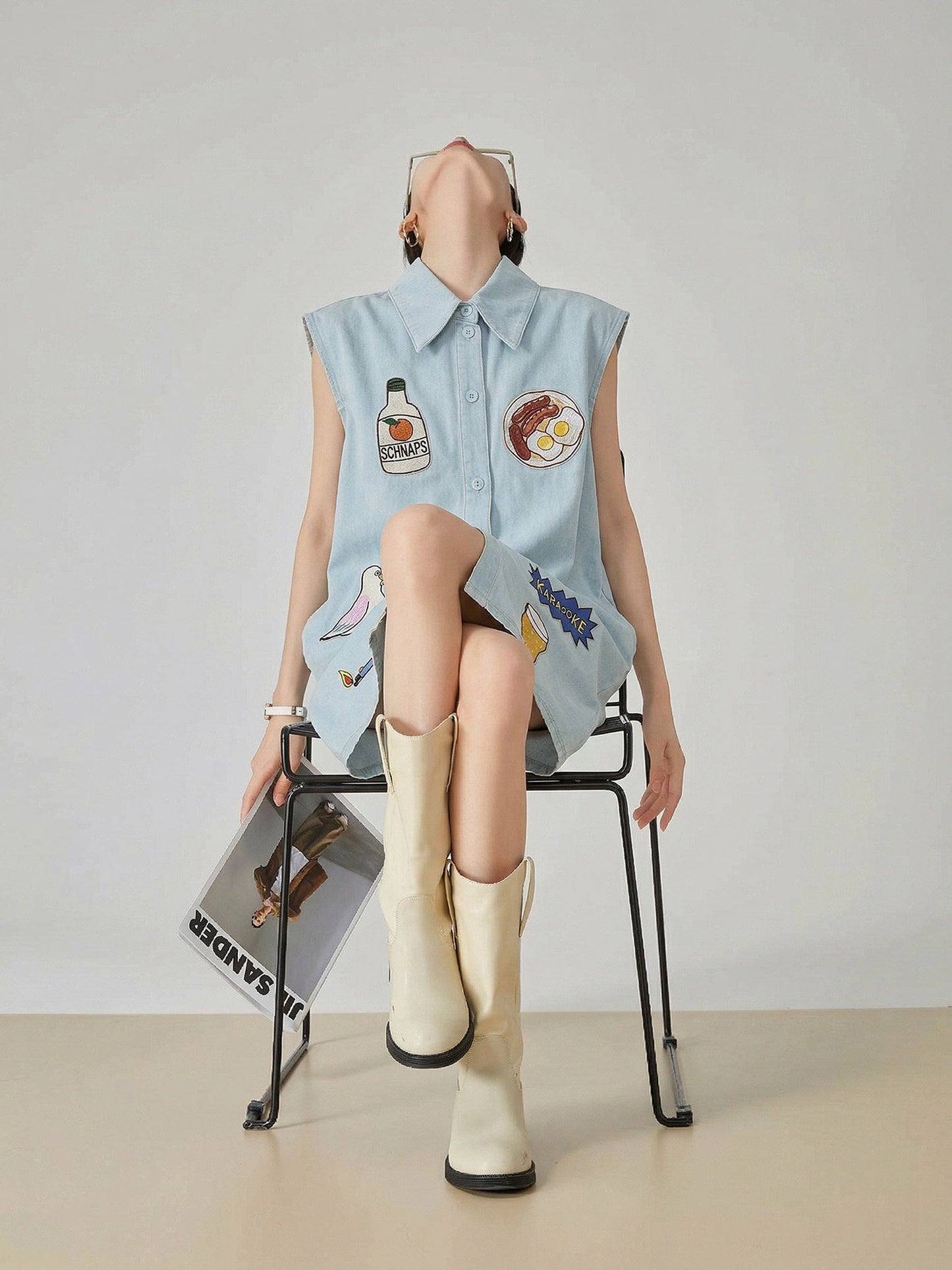 Patchwork Sleeveless Denim Shirt Dress FER0204