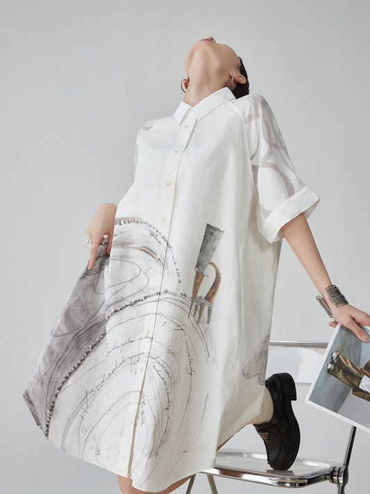 Hand-Drawn Art Print Shirt Dress FER0179