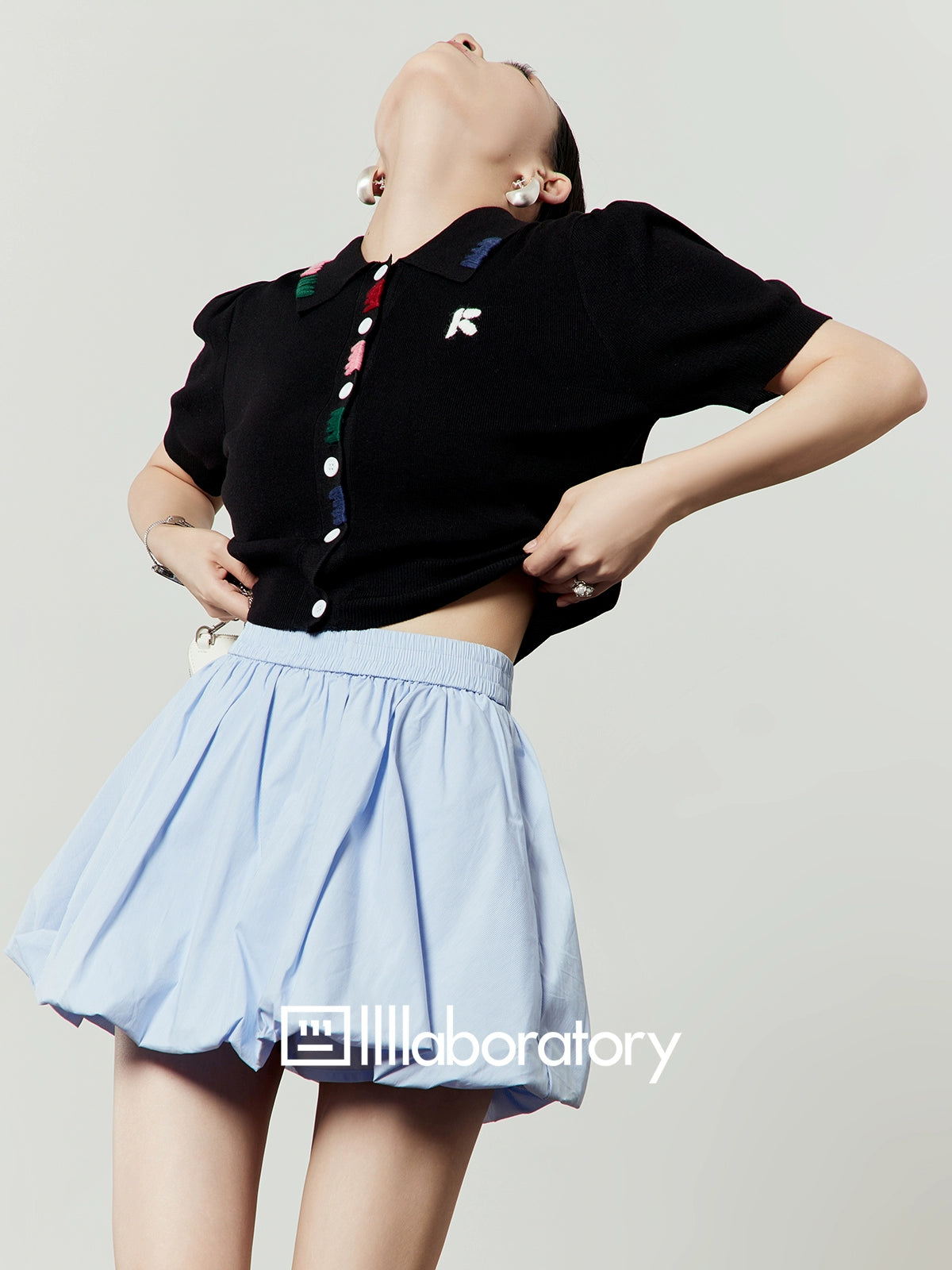 Black Knit Top / Balloon Mini Skirt LLA0495