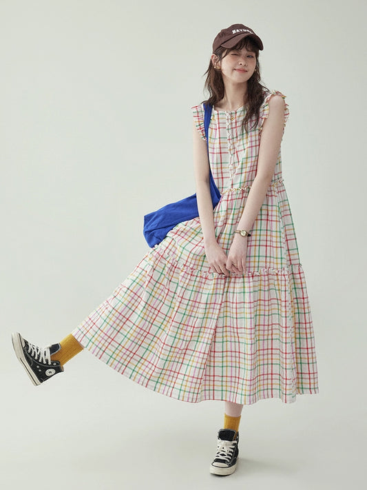 Colorful Check Cotton Sleeveless Dress AMU0019