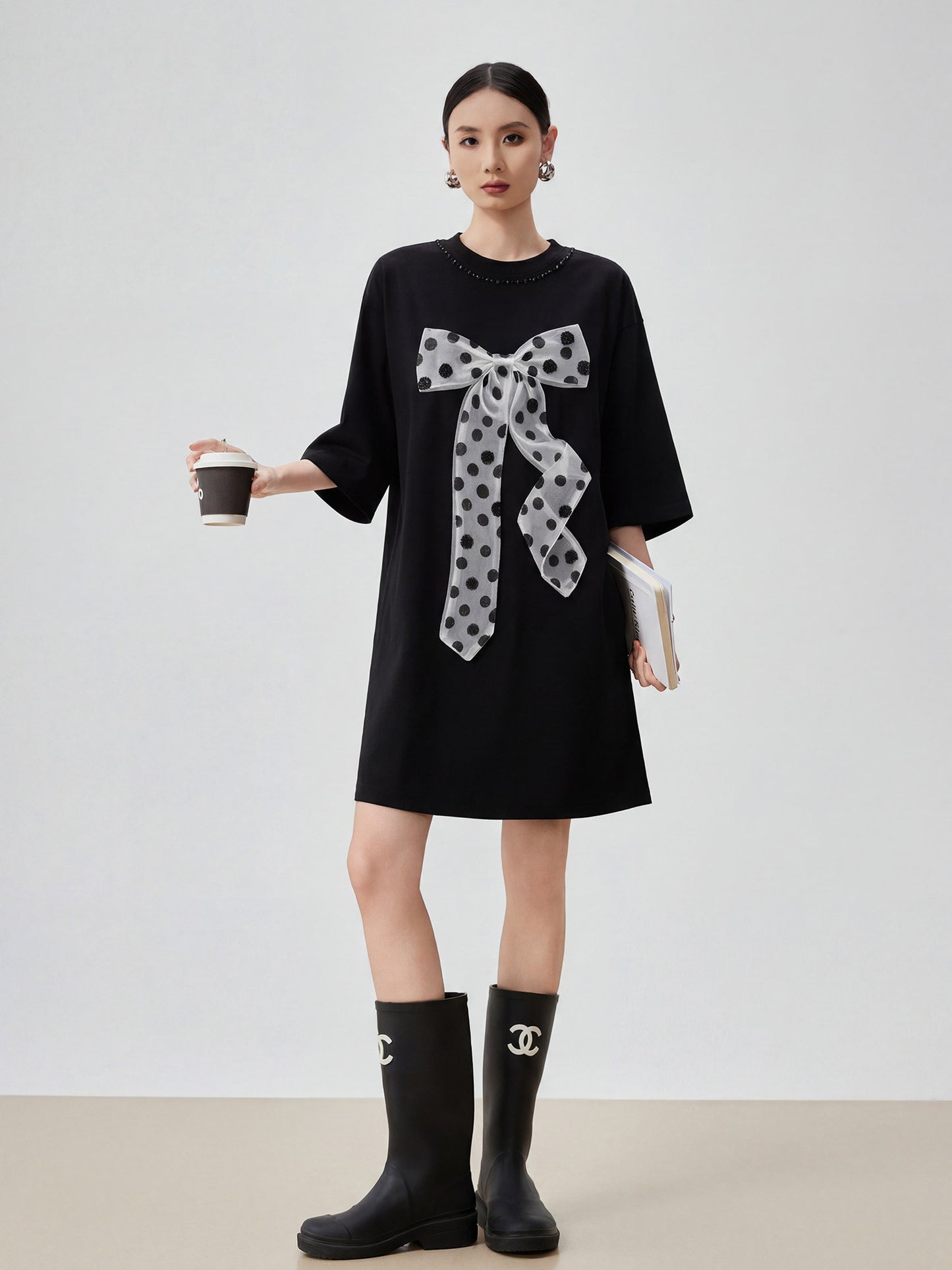 Dot Ribbon Docking Mini Dress FER0234