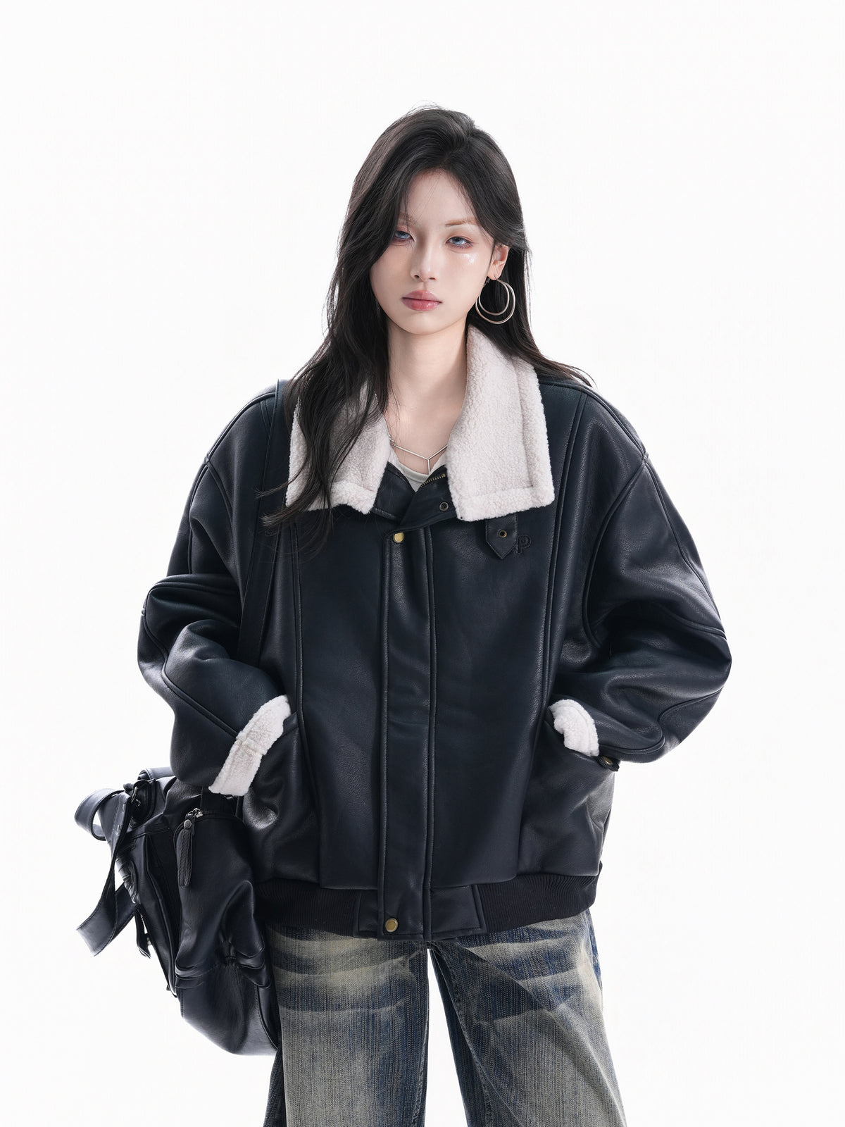 Stand Collar Faux Leather Jacket WLS0015