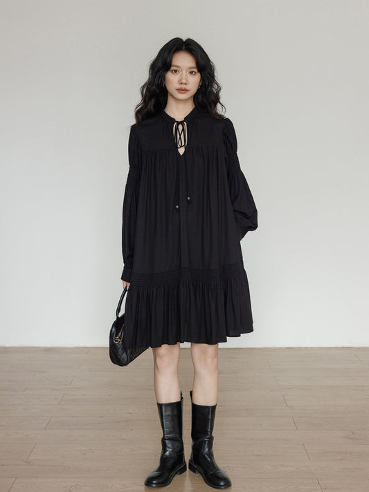 Front Ribbon Gathered Tiered Mini Dress VAS0220