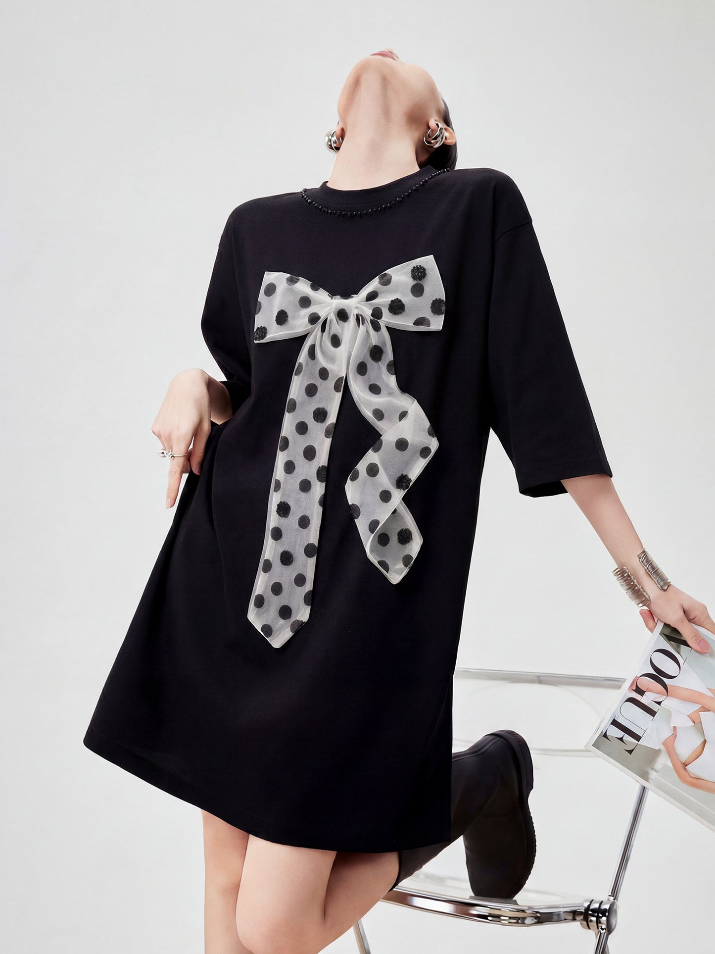 Dot Ribbon Docking Mini Dress FER0234