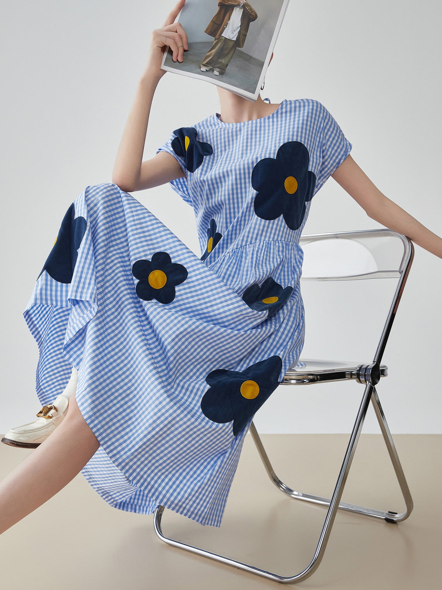 Floral Plaid Short-Sleeve Shirt Dress FER0092