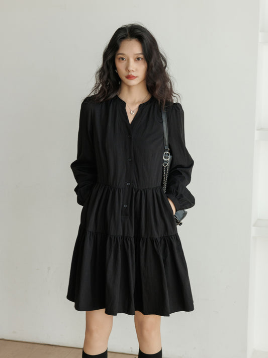 V-Neck Long Sleeve Shirt Dress VAS0006