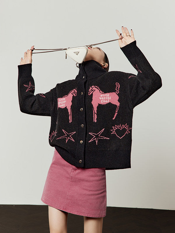 Stand Collar Knit Top/Pink Mini Skirt LLA0611