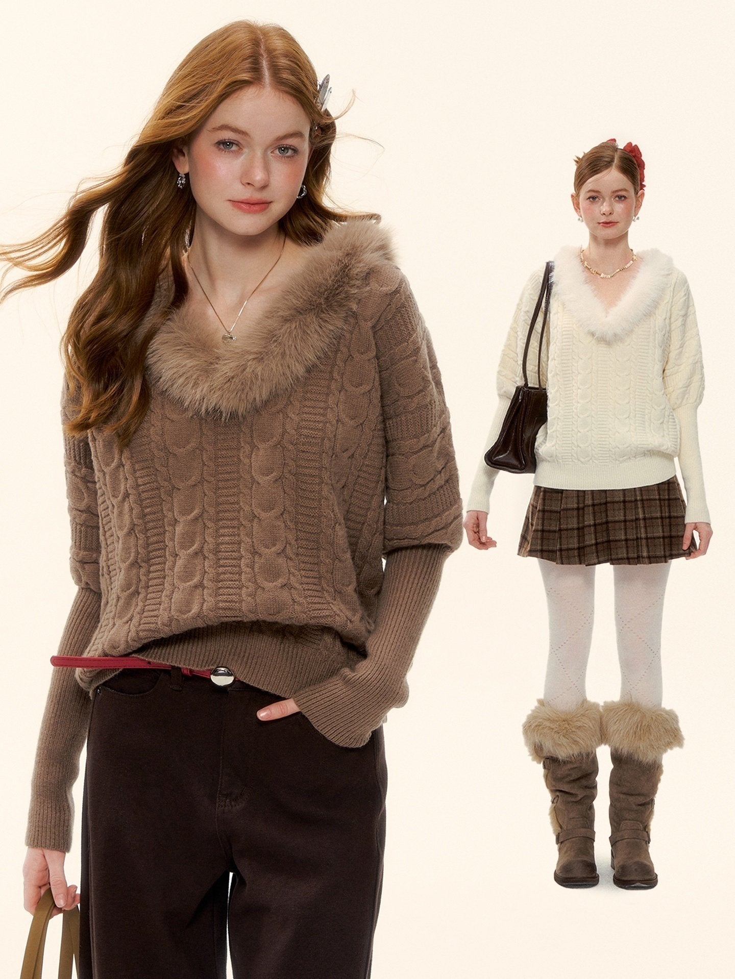 Fur Collar Cable Knit Top ASG0077