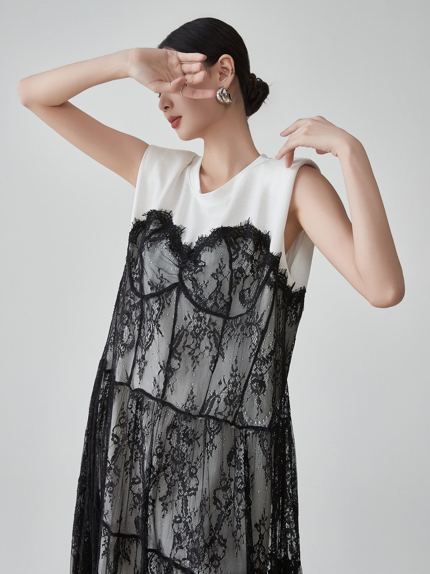 Lace Tulle Docking Sleeveless Dress FER0138