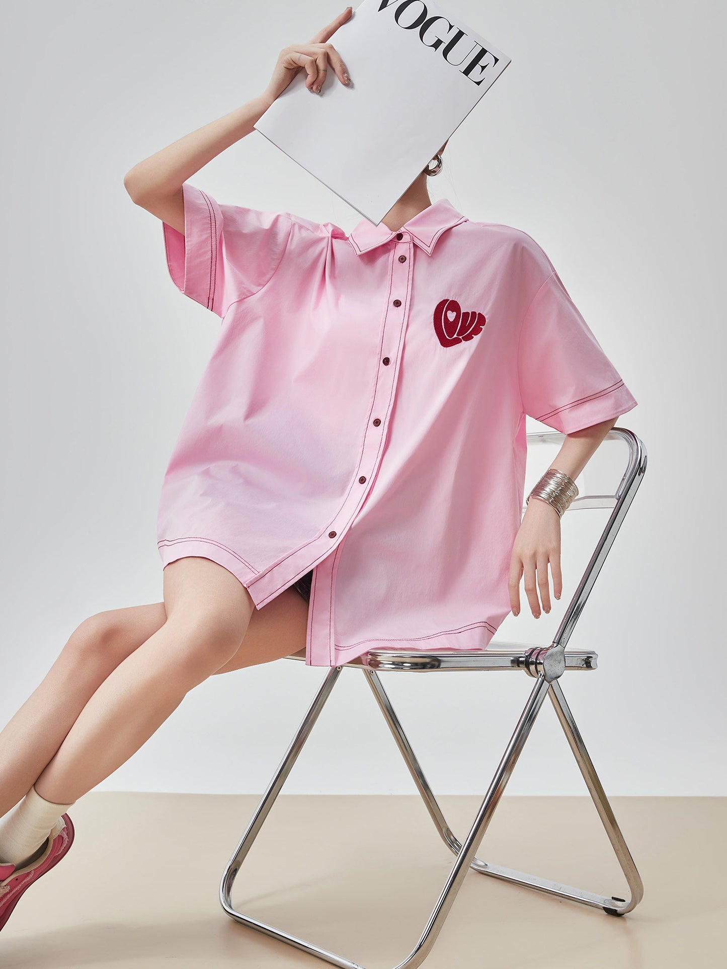 Heart Embroidery Short-Sleeve Shirt FER0176