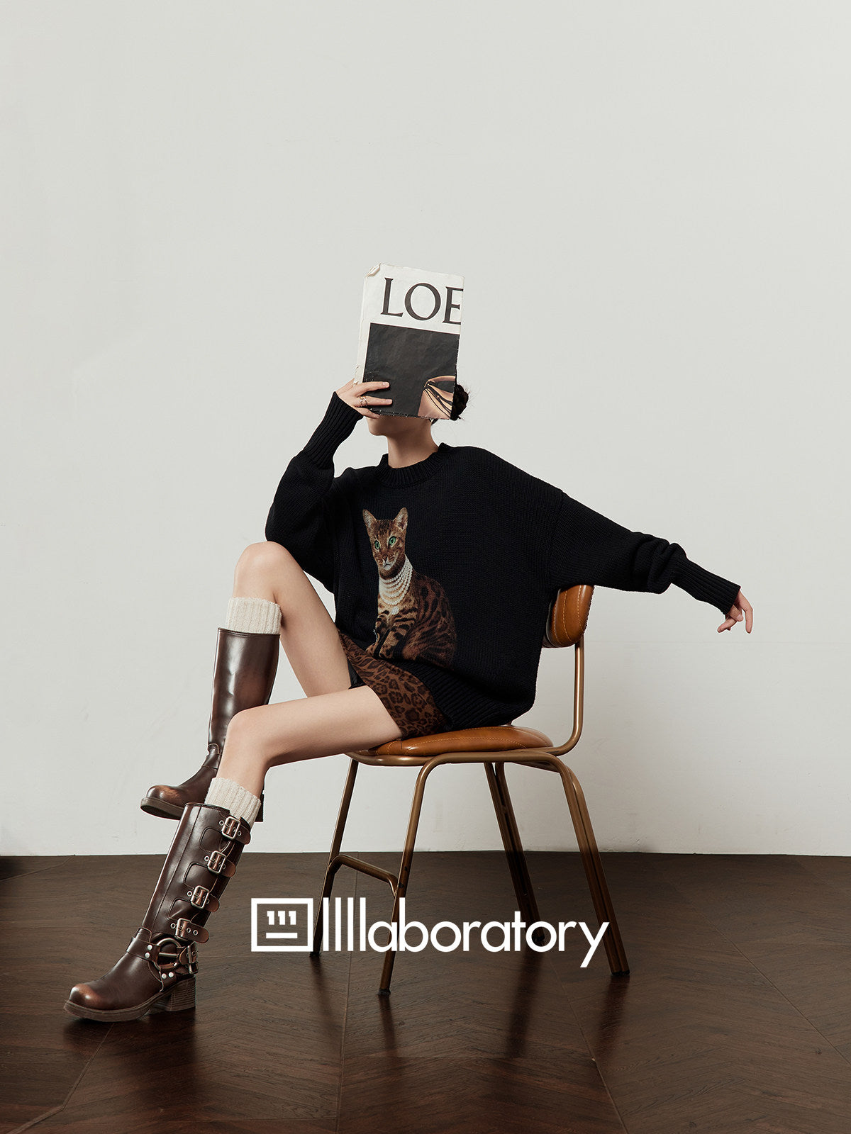 Cat Print Knit Top/Leopard Print Mini Skirt LLA0623