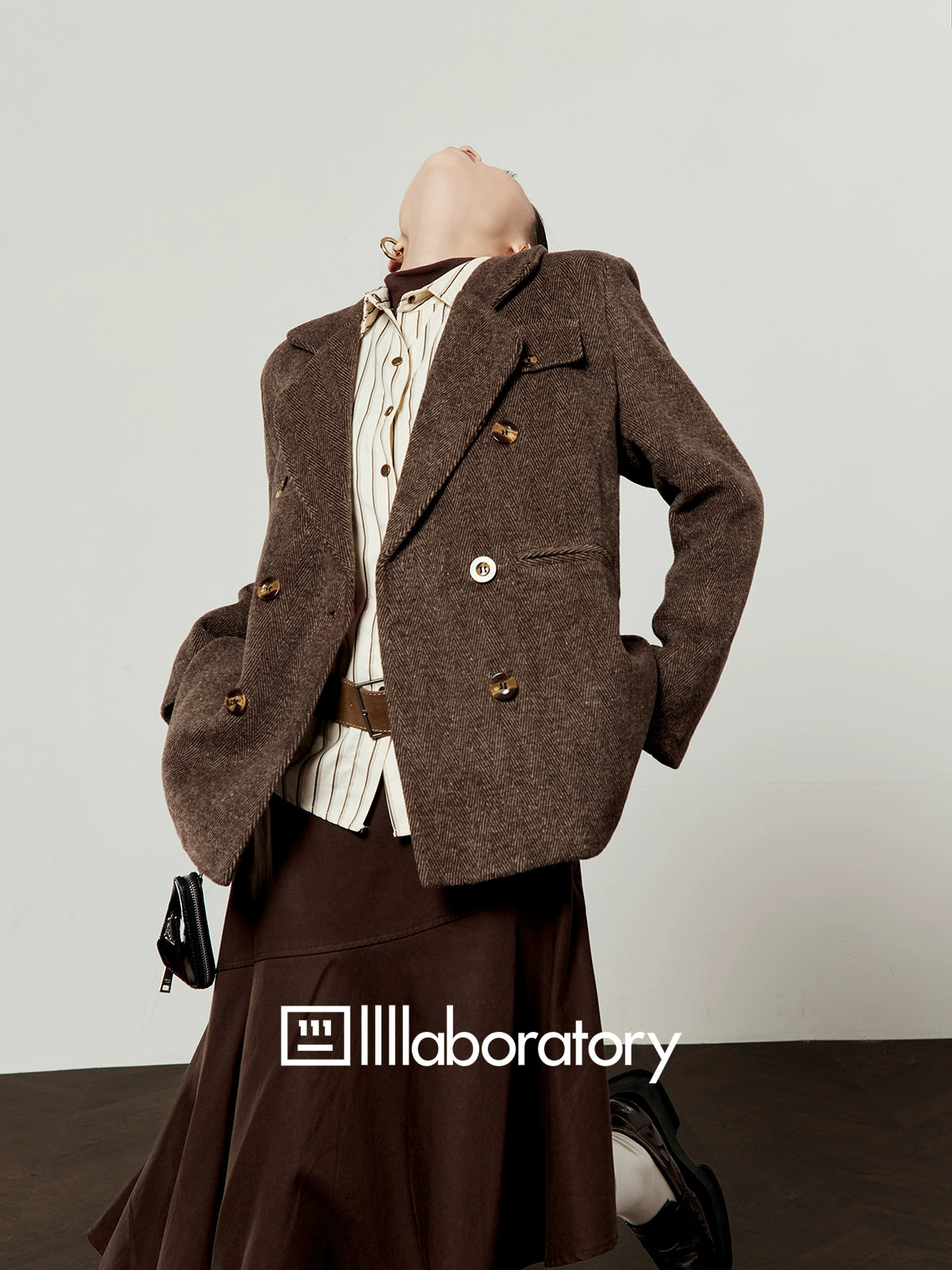 Retro Autumn Jacket/Striped Shirt/Brown Asymmetrical Skirt LLA0542