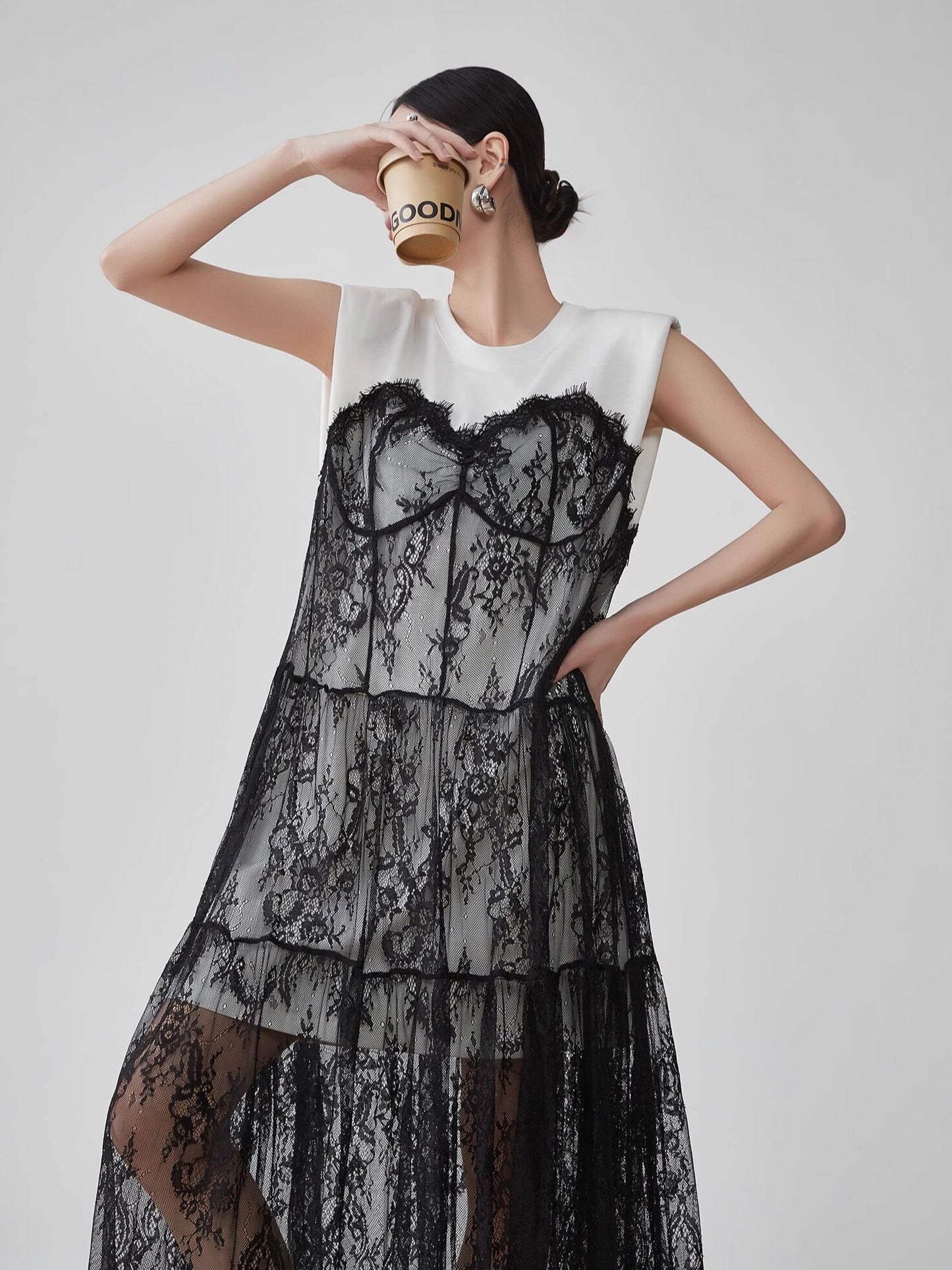 Lace Tulle Docking Sleeveless Dress FER0138