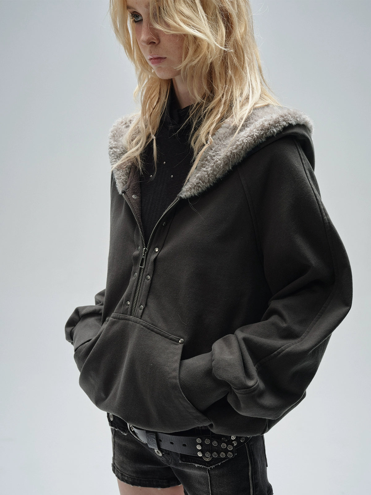 Half Zip Fur Hood Hoodie WAT0020