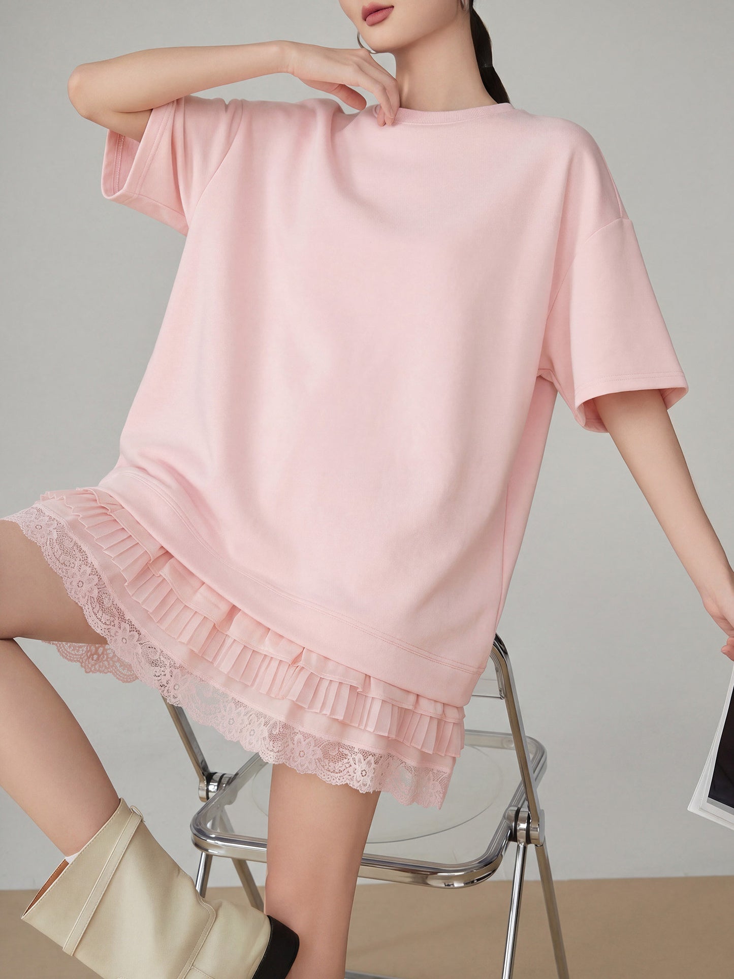 Pink Lace Docking T-Shirt Dress FER0212