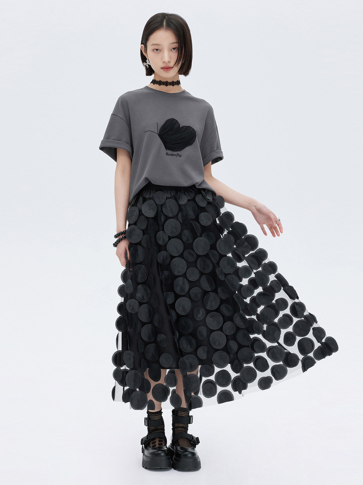 Patch Embroidered Flared Mesh Skirt SHN0003