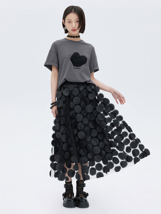 Patch Embroidered Flared Mesh Skirt SHN0003