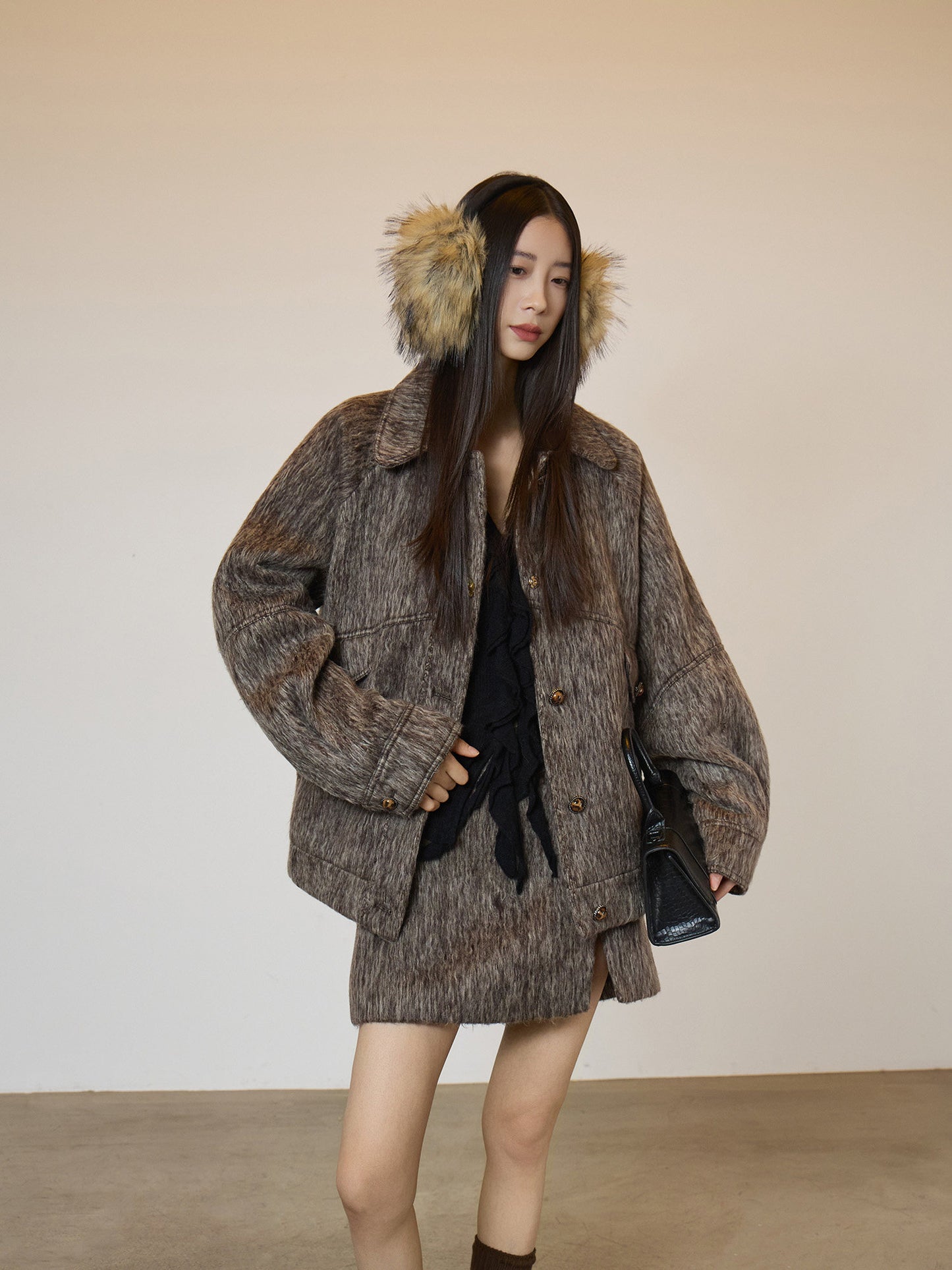 Vintage Mocha Brown Wool Jacket / Mini Skirt SUY0017