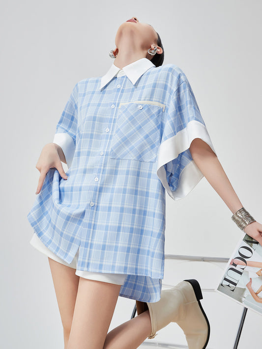 Plaid Patchwork Short-Sleeve Shirt FER0178