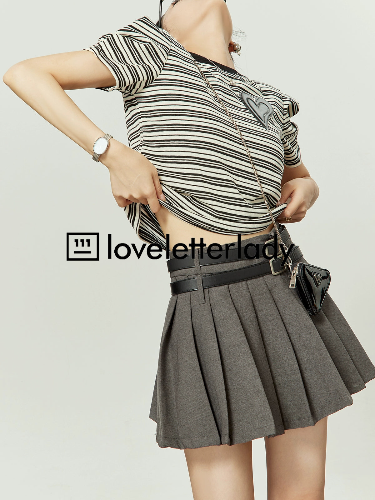 Puff Sleeve Striped Tops / Pleated Skirts LLA0244