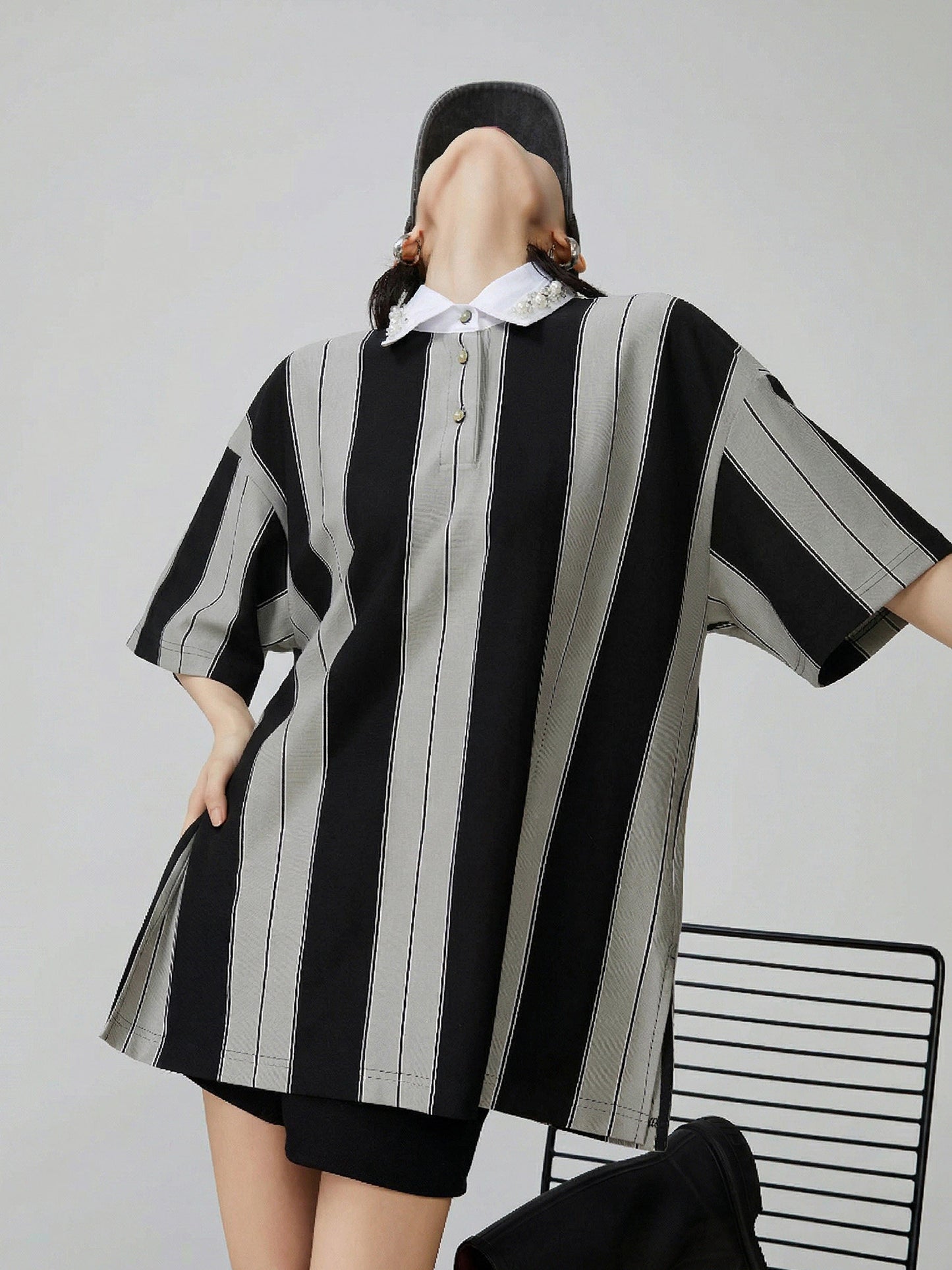 Wide Stripe Short-Sleeve Polo Top FER0309