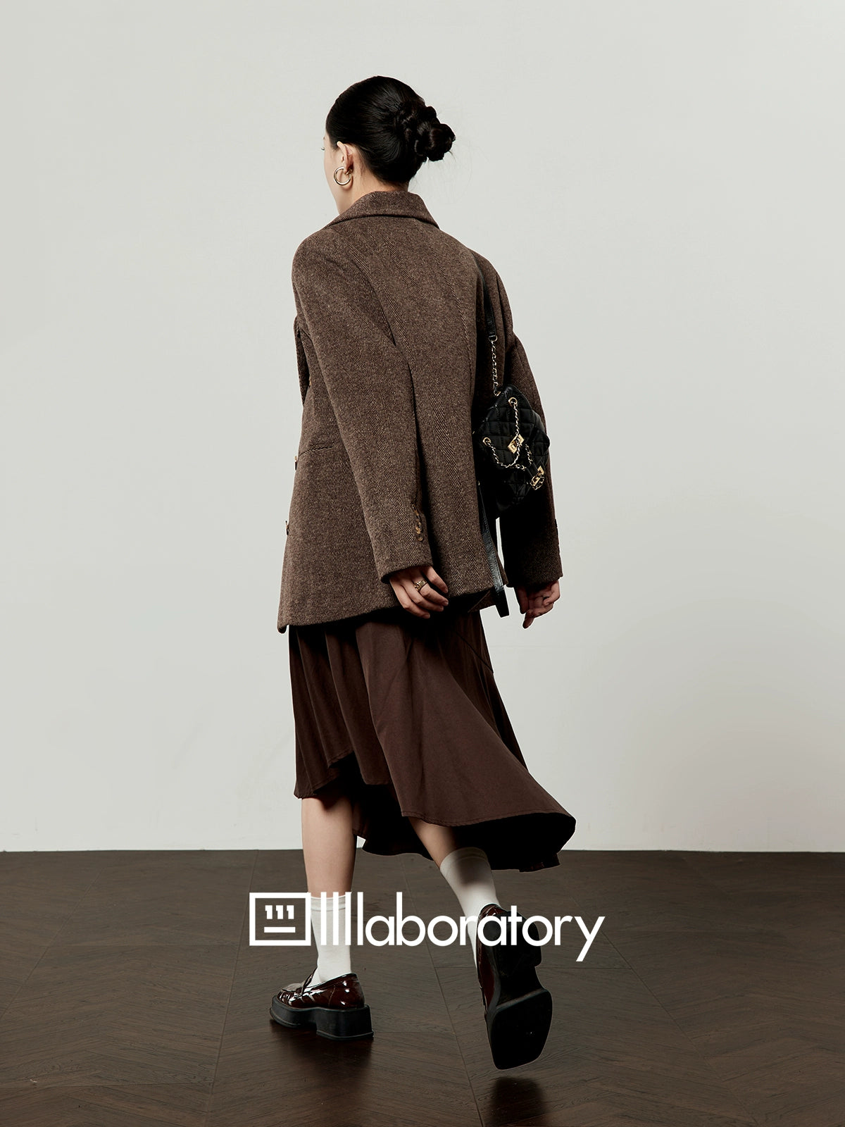 Retro Autumn Jacket/Striped Shirt/Brown Asymmetrical Skirt LLA0542