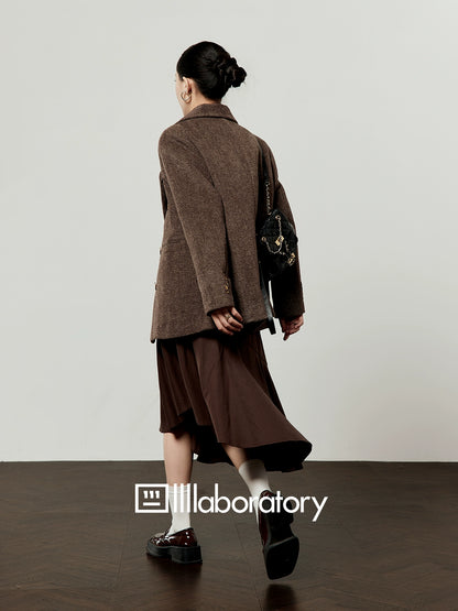 Retro Autumn Jacket/Striped Shirt/Brown Asymmetrical Skirt LLA0542