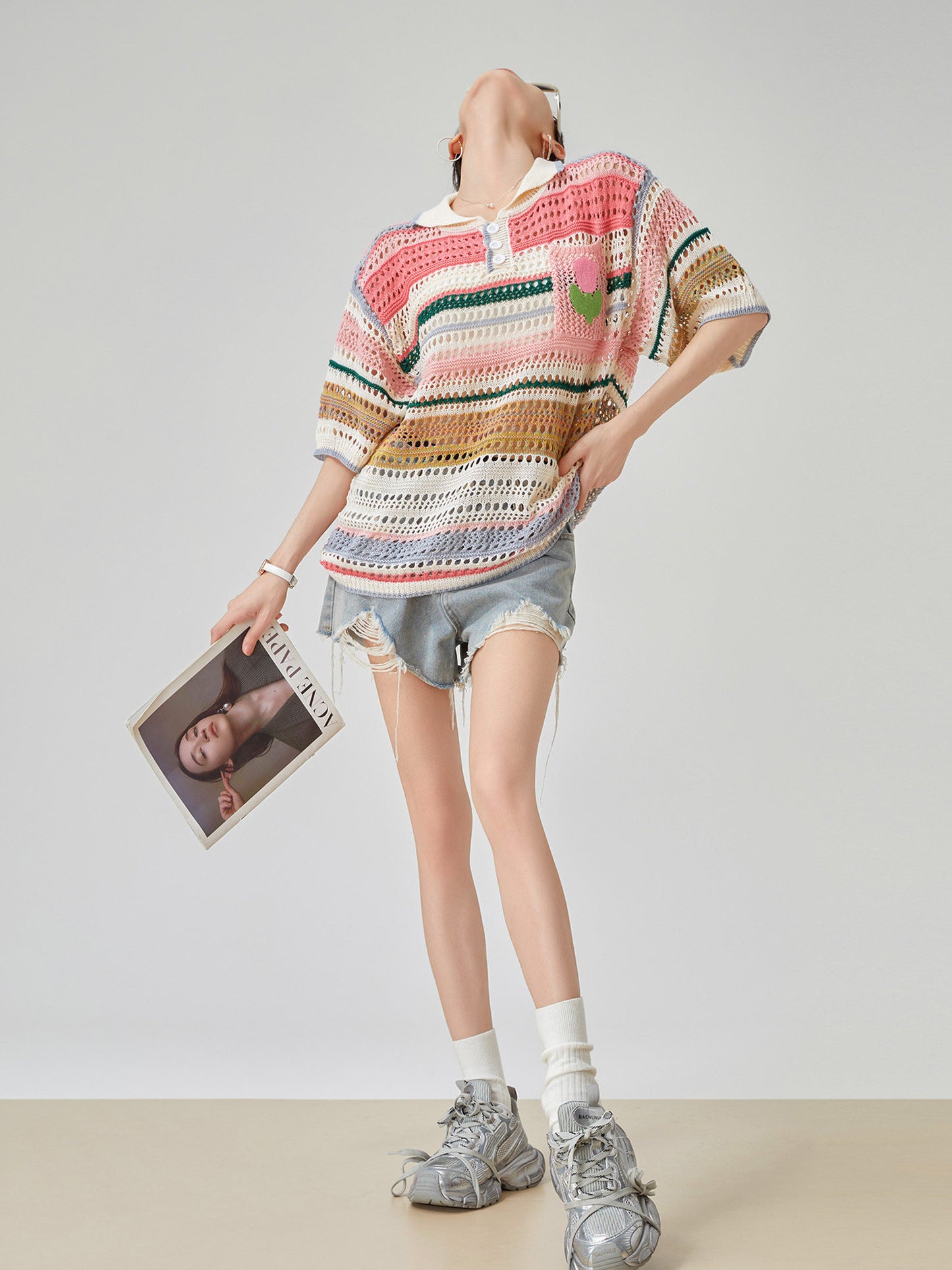 Multi-Border Openwork Polo Knit FER0224