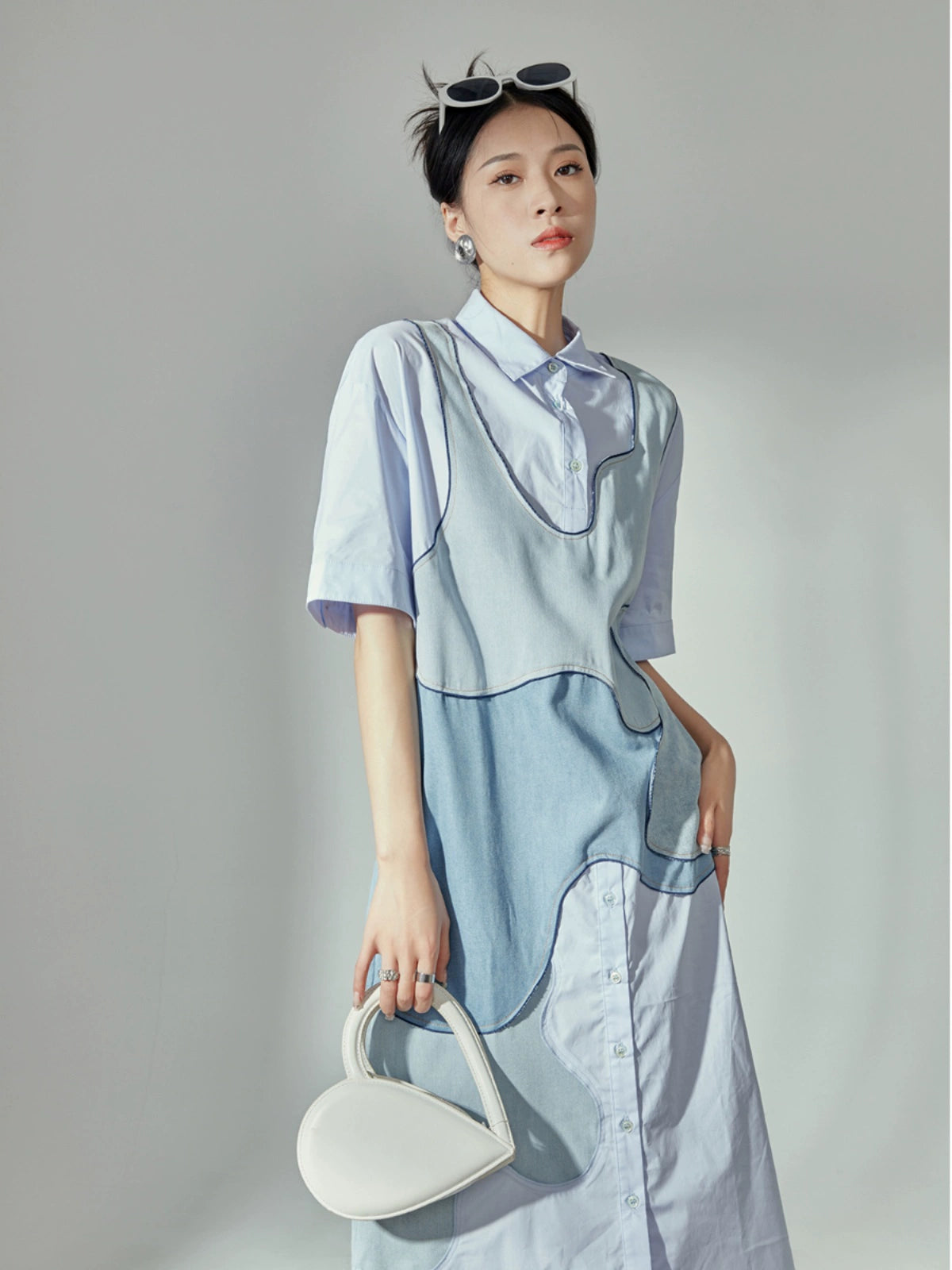 French Blue Patchwork Shirt Dress LLA0114