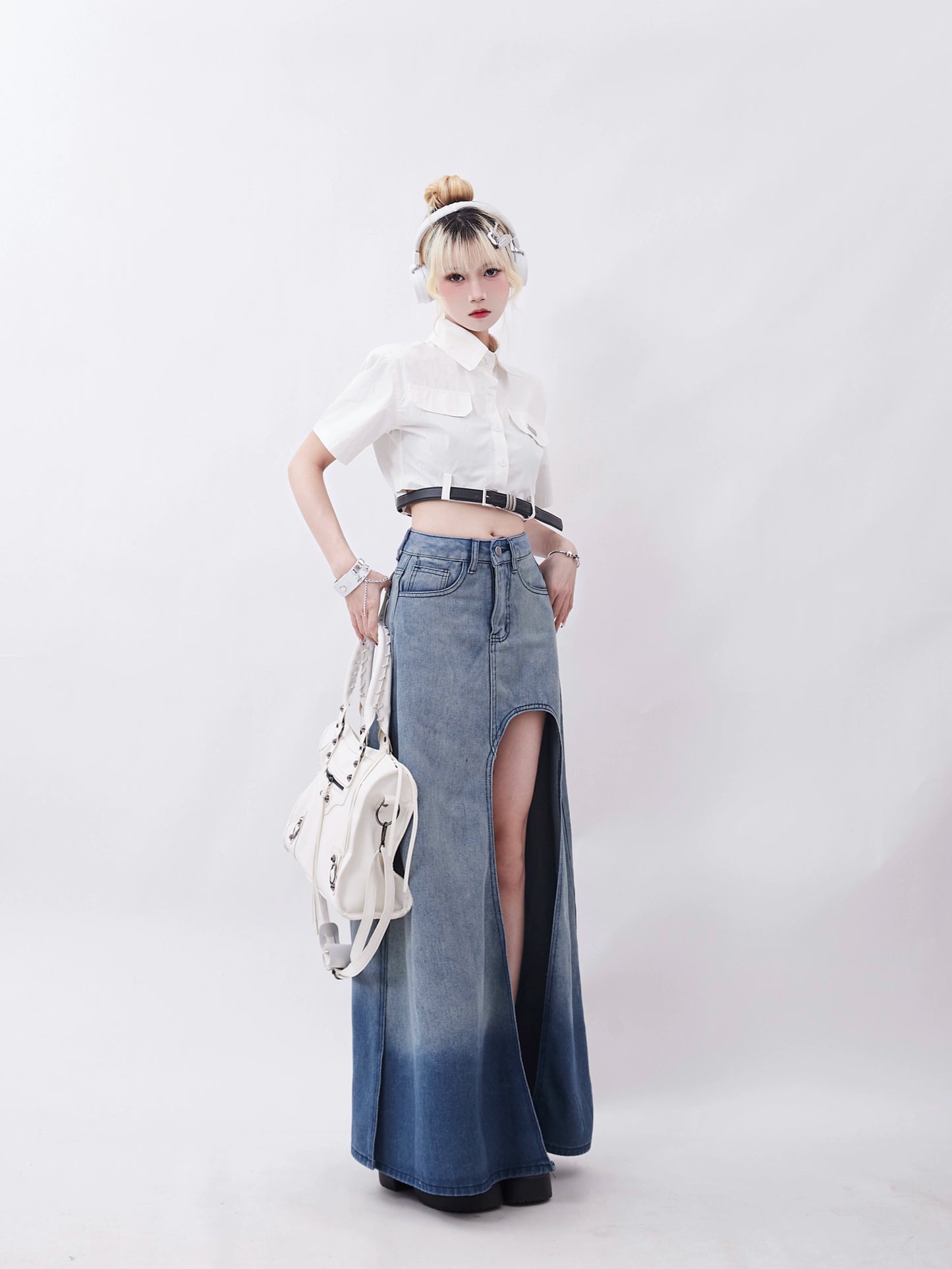 Open Cut Long Denim Skirt RHP0013