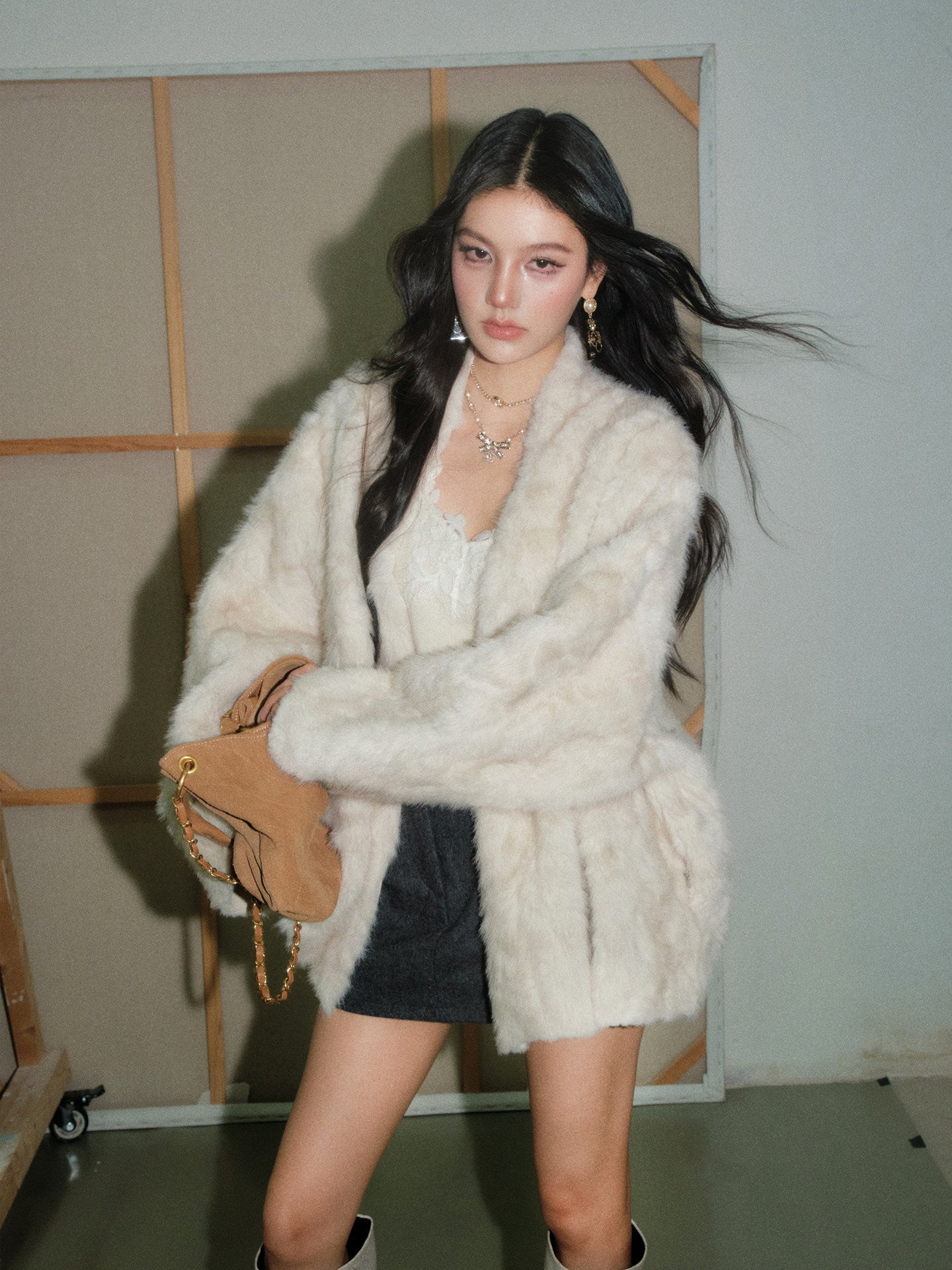 Collarless Fur Coat/Mini Skirt OLD0003