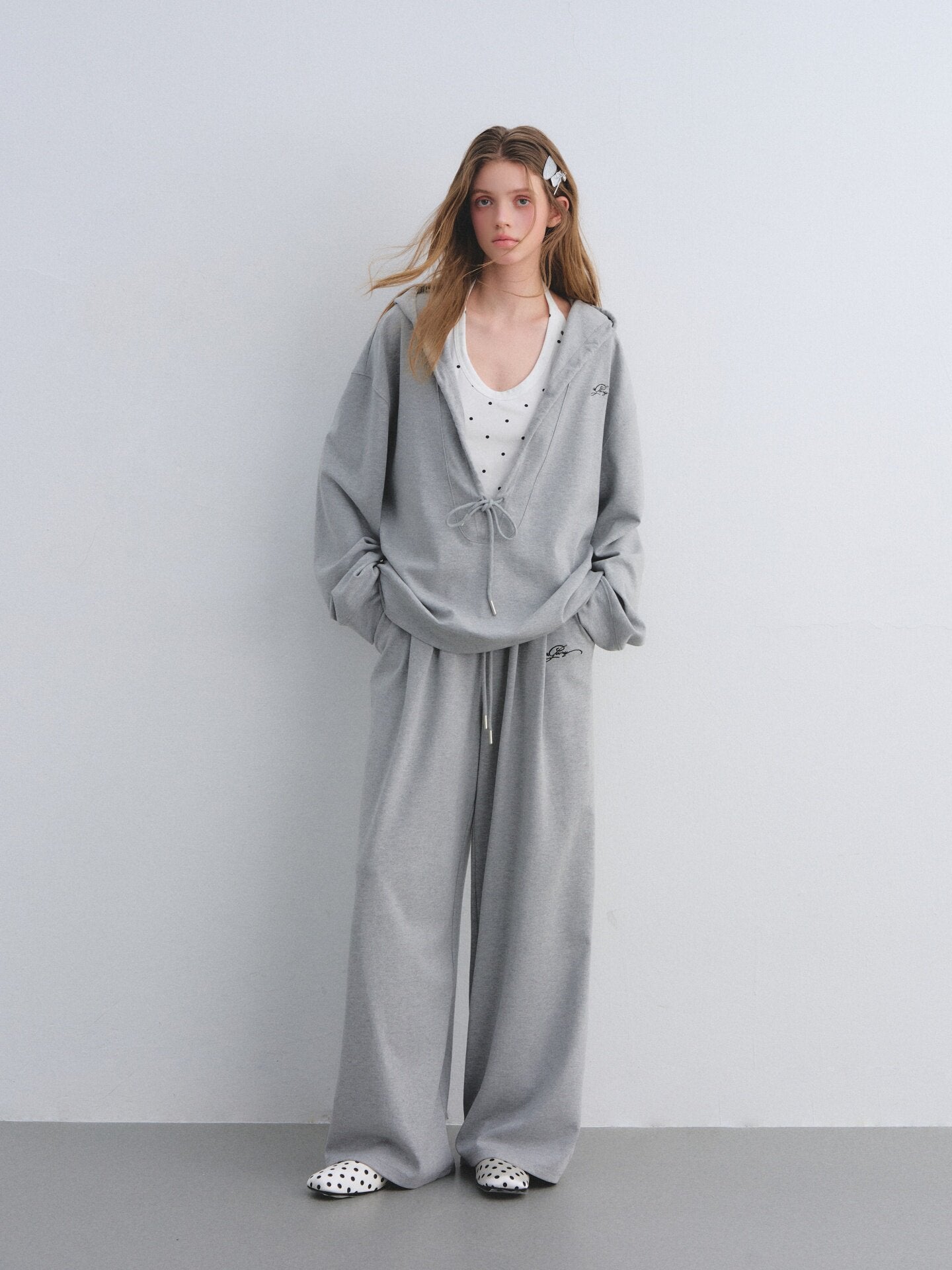 Polka Dot Vest V-Neck Hoodie / Loose Casual Sweatpants ASG0080